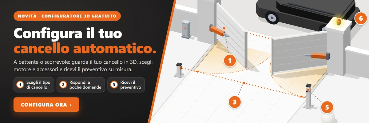 Configura il tuo cancello automatico Configura il tuo cancello automatico in 3D: a battente o scorrevole, scegli motore e accessori e ricevi il preventivo su misura